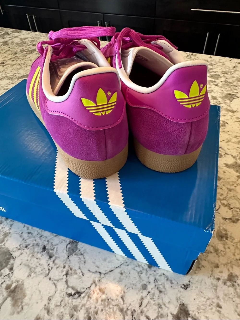 NWT Women’s Adidas Gazelle Sneakers in purple burst & solar yellow. Size 8.5